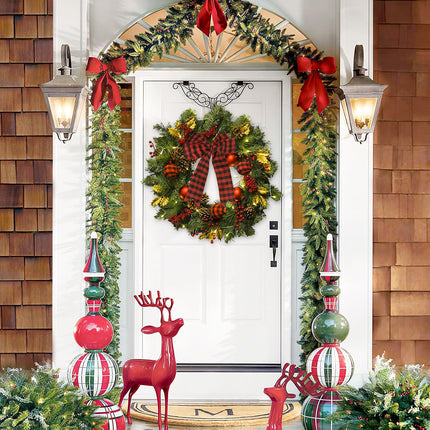 Christmas Wreaths with Lights,Green Christmas Door Wreath with Pine Branch,Christmas Ball Ornaments,Bows,Pine Cones,Berry for Christmas Indoor and Outdoor Decoration