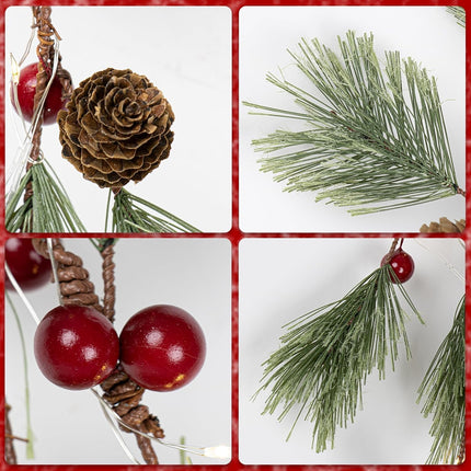 Christmas Garlands with Lights 6.5 Feet Christmas Garland for Mantle Realistic Pine Garland with Pine Cone and Red Berries for Year Indoor Outdoor Ornaments