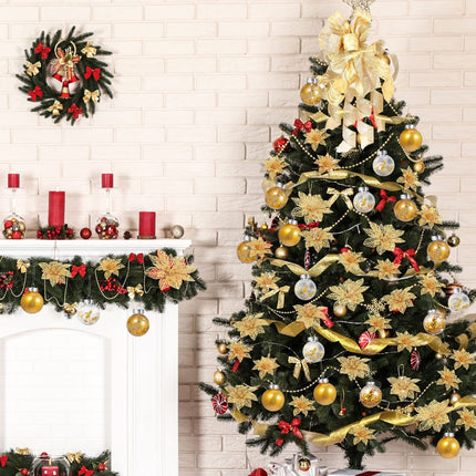49 Pcs Christmas Tree Decoration Set, Christmas Tree Topper Bow 3 Size Christmas Glitter Poinsettia Faux Flowers and 2.36'' Christmas Ball Ornaments for Holiday Xmas Tree Decoration (Gold)