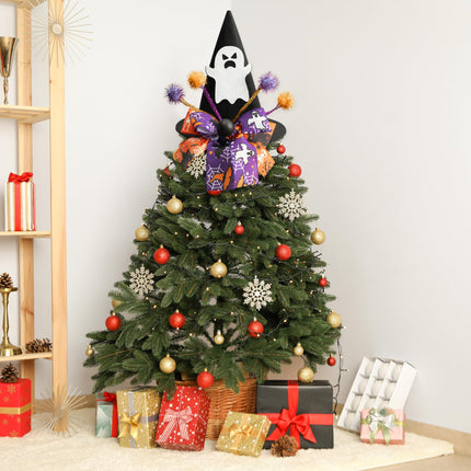 Zainpe Christmas Tree Topper Hat Ghost Pattern Black Felt Wizard Hat with Purple Orange Bow Adjustable Glitter Pom-poms Xmas Holiday Decoration Party Supplies for Indoor Outdoor Home