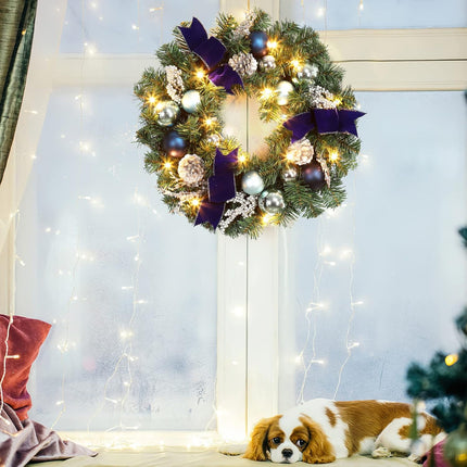 LinTimes Christmas Wreaths, 18 Inch Christmas Wreath for Front Door with 15 LED Lights, Pre-lit Christmas Decoration with Blue Bows Silver Leaves Ball Ornaments for Christmas Wall Window Decor