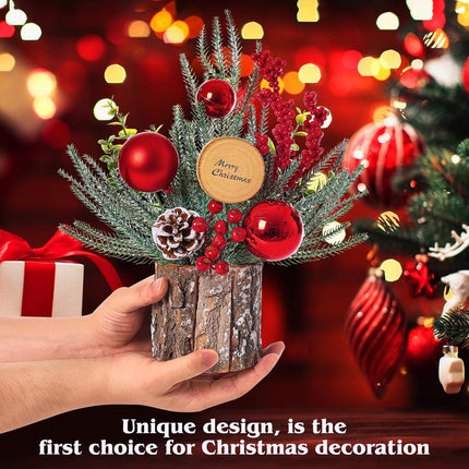 2 Pack Small Christmas Trees, 13.8'' Tall Tabletop Mini Christmas Tree Decorations with Ornaments Pine Cone Berry for Christmas Home Room Indoor Decor