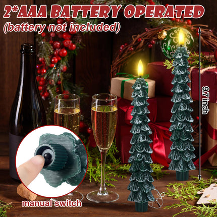 Funtery 12 Pcs Flameless Taper Candles Christmas Tree Candle with Remote Timer 9.7" 3D Real Wax Flickering LED Candles Battery Operated Lights Candlesticks with Flame for Xmas Home (White Green)