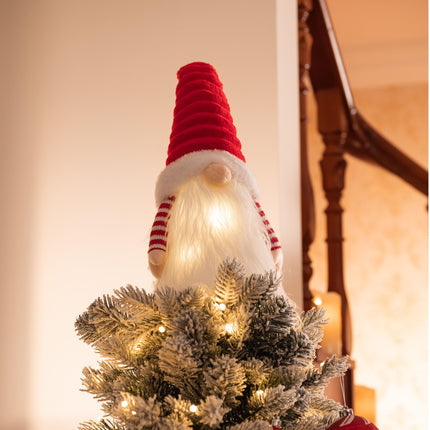 Valery Madelyn Lighted Christmas Tree Topper Gnome with Timer, 16.5 Red and White Fabric Cute Santa Gnome Tree Topper with LED Lights for Party Ornaments Christmas Decoration Indoor, Battery Operated