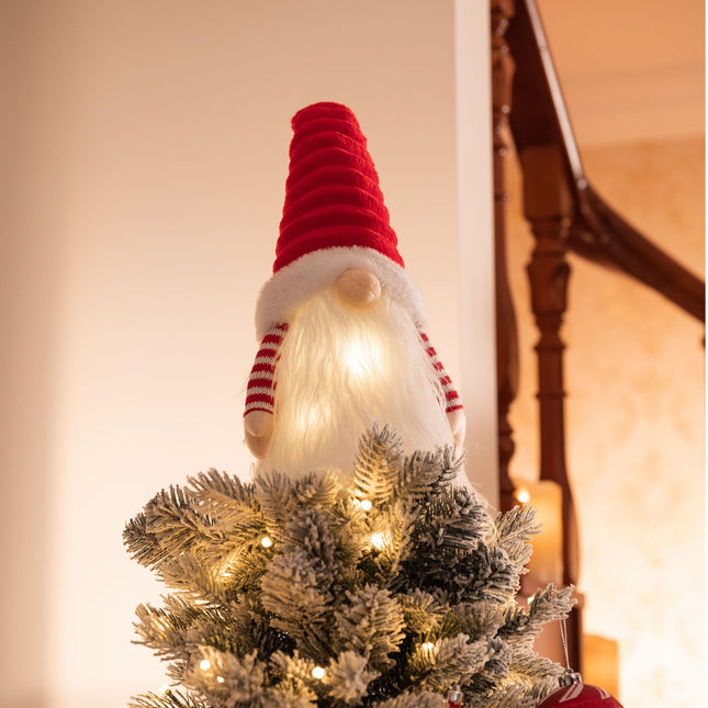 Valery Madelyn Lighted Christmas Tree Topper Gnome with Timer, 16.5 Red and White Fabric Cute Santa Gnome Tree Topper with LED Lights for Party Ornaments Christmas Decoration Indoor, Battery Operated