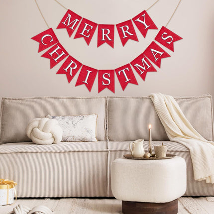 Whaline 2Pcs Christmas Burlap Banner Felt Merry Christmas Banner Red White Xmas Bunting Garland Pre-Assembled Celebration Hanging Decorations for Home Party Decoration