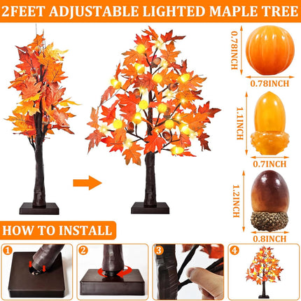 2 Pack 24 Inch Prelit Maple Tree Thanksgiving Decorations with 48 LED Timer Battery Operated Tabletop Prelit Acorn Pumpkin Artificial Fall Light Up Tree for Thanksgiving Fall Decorations for Home