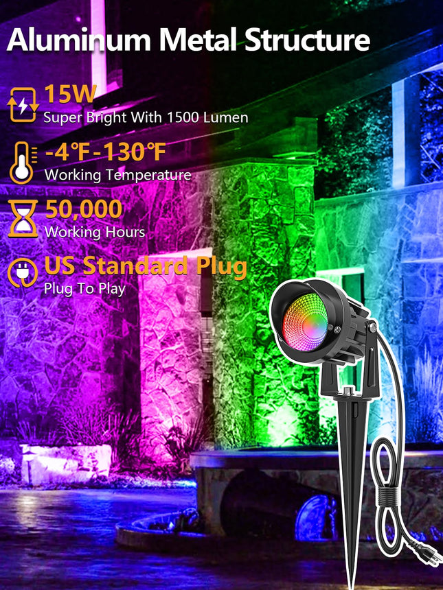 ZUCKEO 15W Christmas Spotlights Outdoor Spot Lights RGB Color Changing Landscape Lights, 120V Waterproof LED Spotlight with Remote & Plug for Yard Garden Path House Halloween Decorations (2Pack)