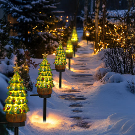 Dazzle Bright 2 Pack Solar Powered Fairy Garden Green Christmas Tree Pathway Lights, Resin Mininatue Walkway Lights Decorative Stakes Christmas Decorations for Lawn Pathway Xmas Yard s