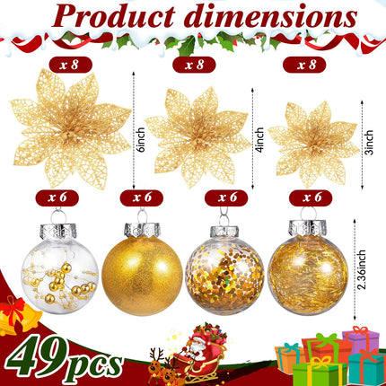 49 Pcs Christmas Tree Decoration Set, Christmas Tree Topper Bow 3 Size Christmas Glitter Poinsettia Faux Flowers and 2.36'' Christmas Ball Ornaments for Holiday Xmas Tree Decoration (Gold)