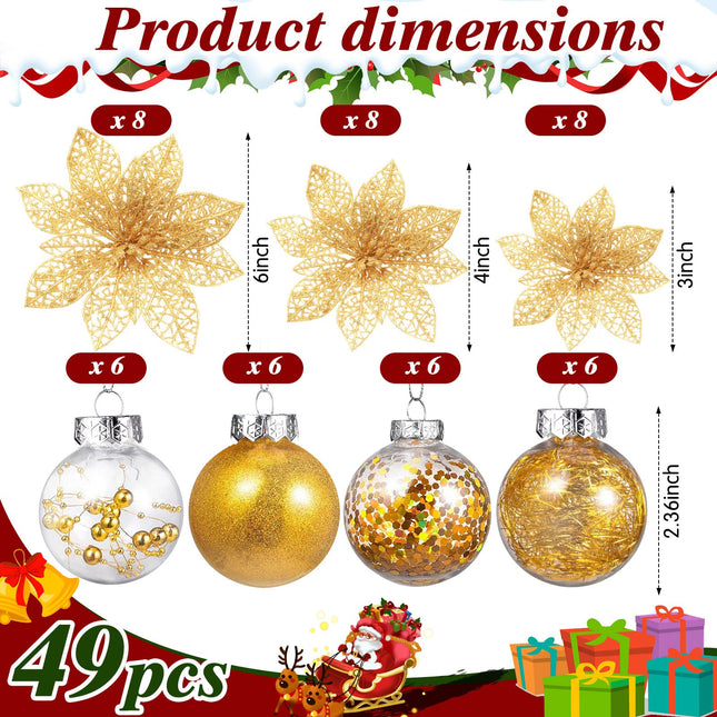 49 Pcs Christmas Tree Decoration Set, Christmas Tree Topper Bow 3 Size Christmas Glitter Poinsettia Faux Flowers and 2.36'' Christmas Ball Ornaments for Holiday Xmas Tree Decoration (Gold)
