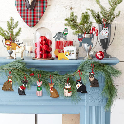 12pcs Christmas Cat Ornaments Wooden Kitty Hanging Ornaments with Christmas Hat and Scarf for Christmas Tree Winter Home Decor Cat Themed for Cat Lovers