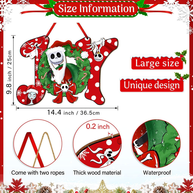 Christmas Joy Front Door Sign, Christmas Wooden Door Hanger Outdoor Yard Porch Decor, Wood Wreath Funny Holiday Indoor Wall Hanging Winter Xmas Party Home Decorations Nightmare Style