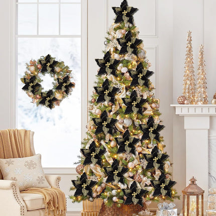 SHACOS 10 pcs 7.8" Artificial Black Gold Christmas Poinsettia Flowers Clips on Glittery Velvet Floral Picks Christmas Tree Ornaments Wreath Garland Decoration