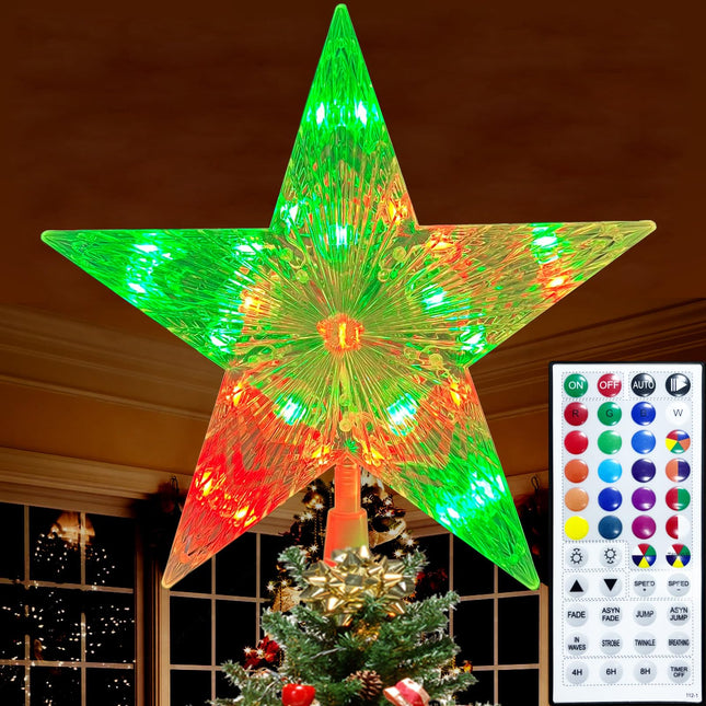 9" Christmas Tree Topper Star, RGB LED Lighted Star Tree Topper w/Remote Control, 128 Light Modes, Dimmable, Timer, USB Plug in, Color Changing Treetop for Xmas Holiday Party Decorations