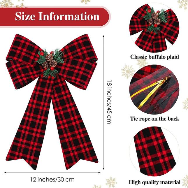 MCEAST 2 Pieces Christmas Red Bows Christmas Wreath Bows Xmas Buffalo Plaid Bows with Pine Cones Ornaments for Christmas Tree Indoor Outdoor Decorations (Black, Red, Green)