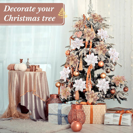 Yunsailing 30 Pcs Poinsettia Christmas Artificial Glitter Flower Xmas Flower Poinsettia for Xmas Tree Artificial Poinsettia Flower for Christmas Tree for Craft Decor (Rose Gold, Silvery White)