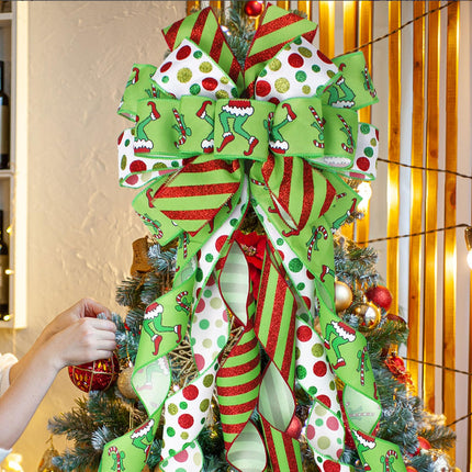 Christmas Tree Topper Bow Wreath, 44 x 13 Inches Large Green Christmas Bow Tree Topper,Glitter Christmas Wreath for Tree Indoor Outdoor Christmas Decoration