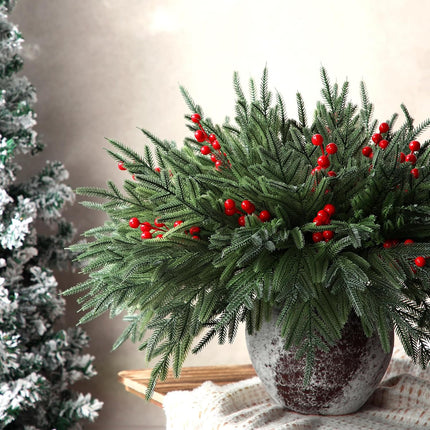 Giegxin 48 PCS Christmas Norfolk Pine Branches with Red Berry Stems 18" Artificial Norfolk Pine Stems Sprigs Artificial Christmas Branches Decorations for Xmas DIY Craft Garland Home Decor