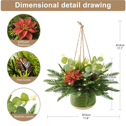 Artificial Christmas Hanging Baskets, Hanging Christmas Tree Basket Decorated with Pine Cones Red Flowers, Christmas Hanging Decoration for Front Porch Garden Patio Outdoor Xmas Decor