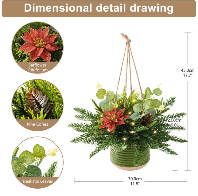 Artificial Christmas Hanging Baskets, Hanging Christmas Tree Basket Decorated with Pine Cones Red Flowers, Christmas Hanging Decoration for Front Porch Garden Patio Outdoor Xmas Decor