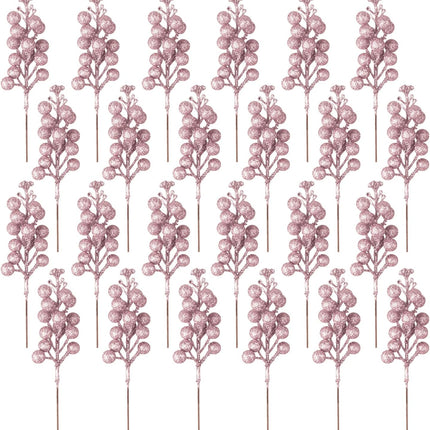 24 Pack Glitter Pink Berry Stems,7.5 Inch Christmas Sparking Red Faux Winter Berry Sprigs,Artificial Red Berries Branches for Christmas Tree Garland Wreath Crafts Season Winter Home Decor