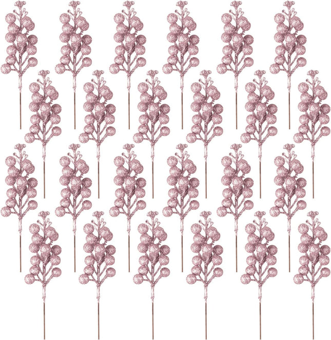 24 Pack Glitter Pink Berry Stems,7.5 Inch Christmas Sparking Red Faux Winter Berry Sprigs,Artificial Red Berries Branches for Christmas Tree Garland Wreath Crafts Season Winter Home Decor