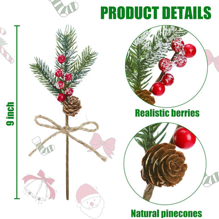 Sggvecsy 15 Pack Snow Frosted Christmas Berries Pine Picks Artificial Red Berry Pine Branches Frosted Faux Pine Stem with Pine Cones Fake Pine Needles for Xmas Tree Wreath DIY Craft Holiday Decor