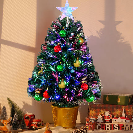 Waipfaru 24 Inch Green Fiber Optic Christmas Tree, Prelit Artificial Mini Christmas Tree with Christmas Decorations Ball, Tabletop Small Xmas Tree with Stars, for Christmas Decorations