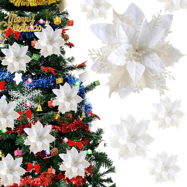 Poinsettia Christmas Decorations Flowers - 12Pcs Artificial Red Gold Poinsettia Christmas Tree Ornaments Glittery for Xmas Year Wedding Party Wreath DIY Garland Decor (White)