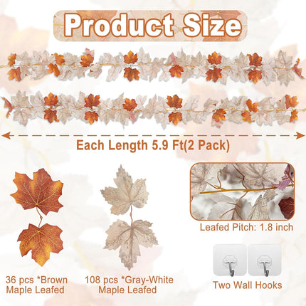 2 Pack Fall Maple Leafed Garland Thanksgiving Decorations, Total 11.8Ft Artificial Hanging Vine Fall Foliage Garland Fall Autumn Decor Indoor Outdoor Home Mantle Wedding Party(Mixed Gray-White Brown)