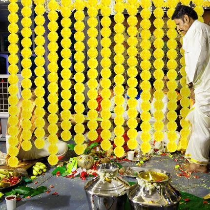 Giegxin 15 Pack Marigold Garland 5 ft Long Strands Day of Dead Faux Marigold Flowers Diwali Decor Artificial Marigold Flowers Indian Decor for Wedding, Christmas, Events(Yellow)