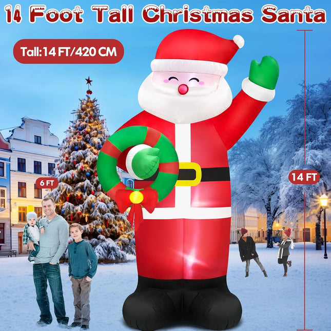 Danxilu 14FT Giant Christmas Inflatable Santa Claus Outdoor Decorations, Christmas Blow Up Santa with Wreath Built-in LED Lights for Yard Patio Garden Lawn Hall Holiday Party Xmas Decor