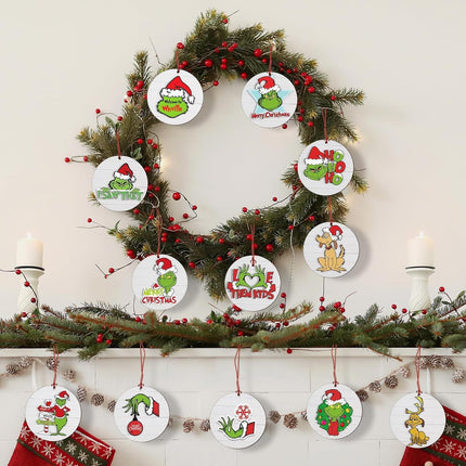 Christmas Ornaments Tree Decorations Set - 12pcs Green Wooden Round Ornaments Hanging Decorations for Christmas Tree Home Decor