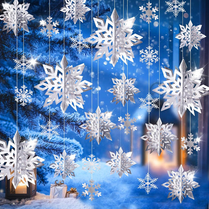 30pcs Paper Snowflakes Ornaments Decorations, 3D Silver Hanging Snowflake, Large Snowflake Garland for Christmas Decorations, Winter Wonderland Year Party Home Decorations