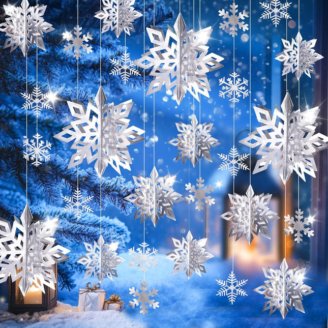 30pcs Paper Snowflakes Ornaments Decorations, 3D Silver Hanging Snowflake, Large Snowflake Garland for Christmas Decorations, Winter Wonderland Year Party Home Decorations
