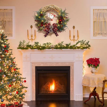 Christmas Wreaths for Front Door, 21 Inch Pre-Lit Christmas Wreath with 40 LED Lights, Santa Claus Lighted Wreath Christmas Decoration for Door Porch Fireplace Window