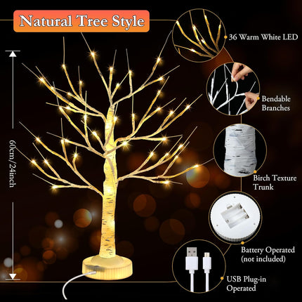 Enhon 2 Pcs 2ft Lighted Birch Tree Decor with Timer, USB, Battery Powered Artificial Branch Tree with 8 Modes, Remote Control, Tabletop Tree Light for Christmas Decor Indoor(Classic Style)