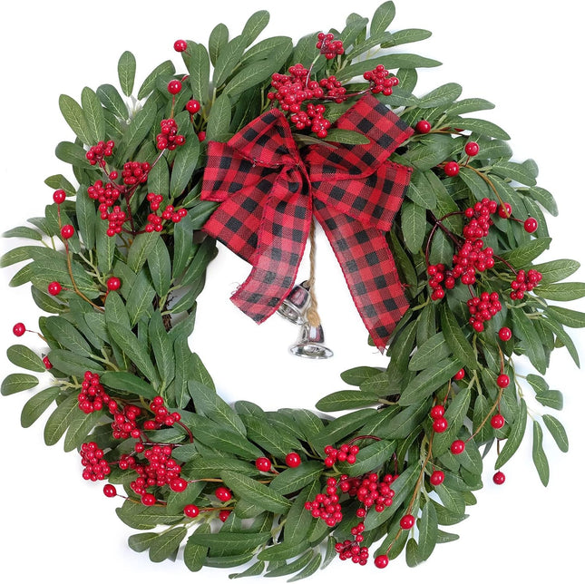 Bibelot Christmas Olive Wreath for Front Door Christmas Red Berry Wreath, Winter Bowknot Leaves Wreath with Red Berry and Jingle Bell Farmhouse Front Door Wreath