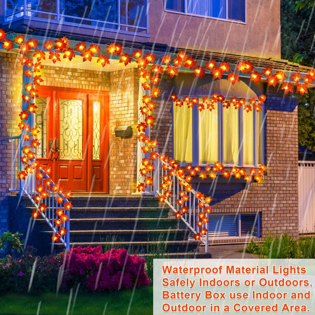 5 Pack Thanksgiving Decor Enlarged Maple Leafed Fall Garland with Lights, 50 Ft/100 LED Thanksgiving Garland Thanksgiving Lights Waterproof Battery Operated Fall Autumn Harvest Outdoor Indoor Home