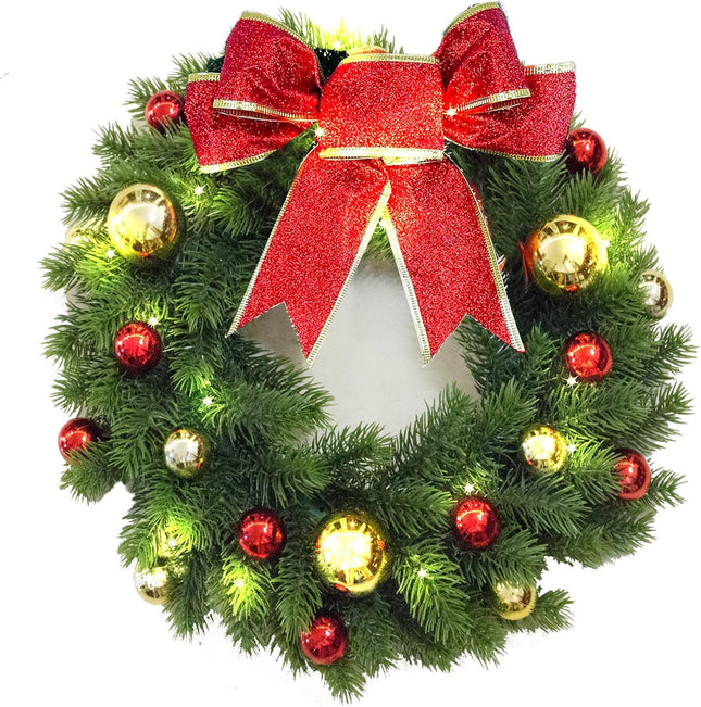 Christmas Wreath 16 Inch, BEHONA Christmas Door Decorations Wreath with Warm Lights, Christmas Wreath with Decorative Christmas Balls, Christmas Knot for Door Window Outdoor Home Decoration (16 Inch)