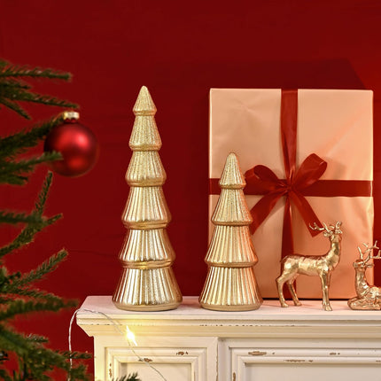 Wooden Christmas Tree Figurine, 2Pcs Gold Tree Figurines, Decorative Trees for Tabletop, Small Glittered Golden Xmas Tree Figurines for Christmas Mantle Indoor Decor