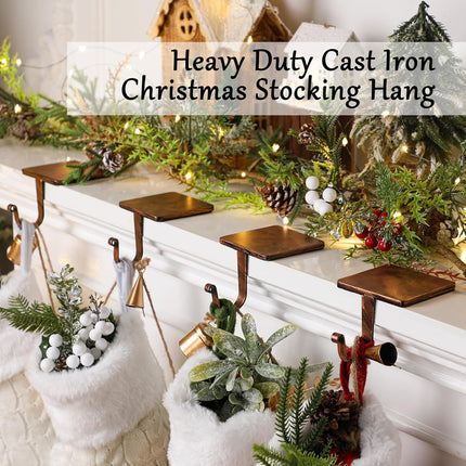 Tandefio 4 Pcs Christmas Stocking Holders for Mantle Heavy Duty Stocking Hangers with Protective Pads Cast Iron Xmas Stocking Hooks for Fireplace Home Shelf (Vintage Copper)