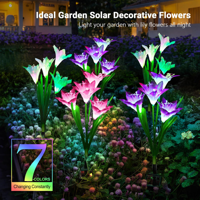 WdtPro Solar Lights Outdoor Garden Decorative Flowers 6 Pack, Waterproof Solar Garden Lights with 24 Lily Flowers, Multi-Color Changing LED Solar Powered Landscape Lights for Yard Garden Patio