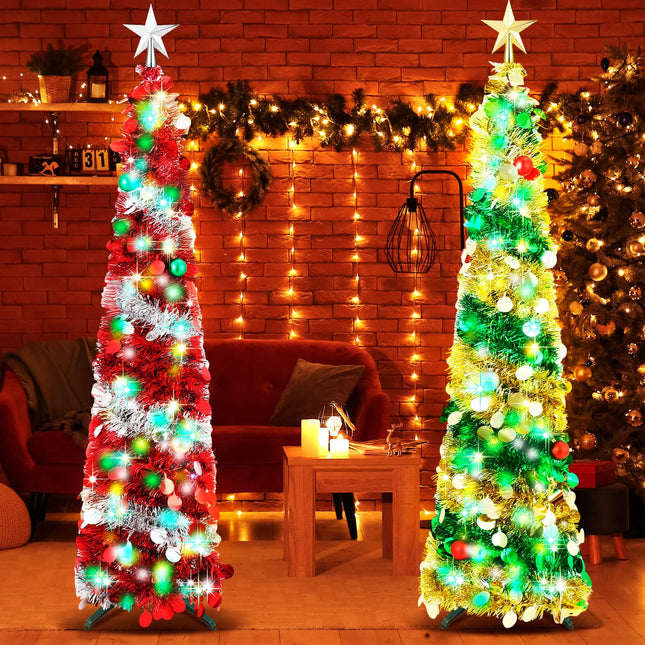 2 Pcs 5 ft Prelit Slim Christmas Tree Decor Pop Up Pencil Christmas Tree with String Lights Artificial Sequin Collapsible Christmas Tree with Star Topper for Xmas Holiday Outdoor Decorations