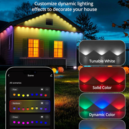 RGB+IC Permanent Outdoor Lights for House Garden, 50Ft Smart Eave Lights, String Lights, IP67 Waterproof, for Christmas Halloween Decor Birthday with Alexa, Google Assistant APP/Remote Control