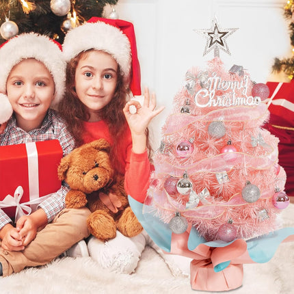 Small Mini Pink Christmas Tree with Light,24Inch/2Ft Tabletop Miniature Pine Christmas Tree with Hanging Ornaments, Battery Operated Artificial Girl Xmas Tree, Best DIY Christmas Holiday Decoration