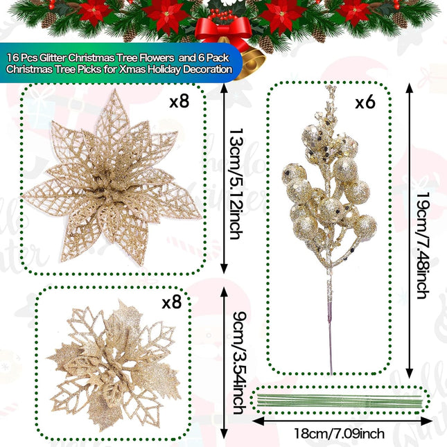 Zhuqing 22Pcs Christmas Poinsettia Artificial Flowers and Glitter Berries Stems Kit, 16Pcs Christmas Tree Flowers Ornaments and 6 Pack Christmas Tree Picks for Wedding Holiday Decorations (Champagne)