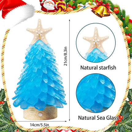 Sea Glass Christmas Tree,8.6 inches Mini Christmas Tree with Lights,Beach Nautical Themed Seaglass Christmas Tree for Table top, Christmas Decorations Indoor,Blue Christmas Tree