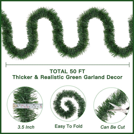 50 FT Christmas Garland Christmas Decorations, Artificial Soft Green Pine Xmas Garland for Christmas Tree Decorations Stairs Mantle Fireplace Christmas Decor Outdoor Indoor Home Holiday Party Supplies
